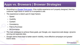 Apps vs. Browsers | Browser Strategies 
• According to a Google Think study, if the mobile experience isn’t properly desig...
