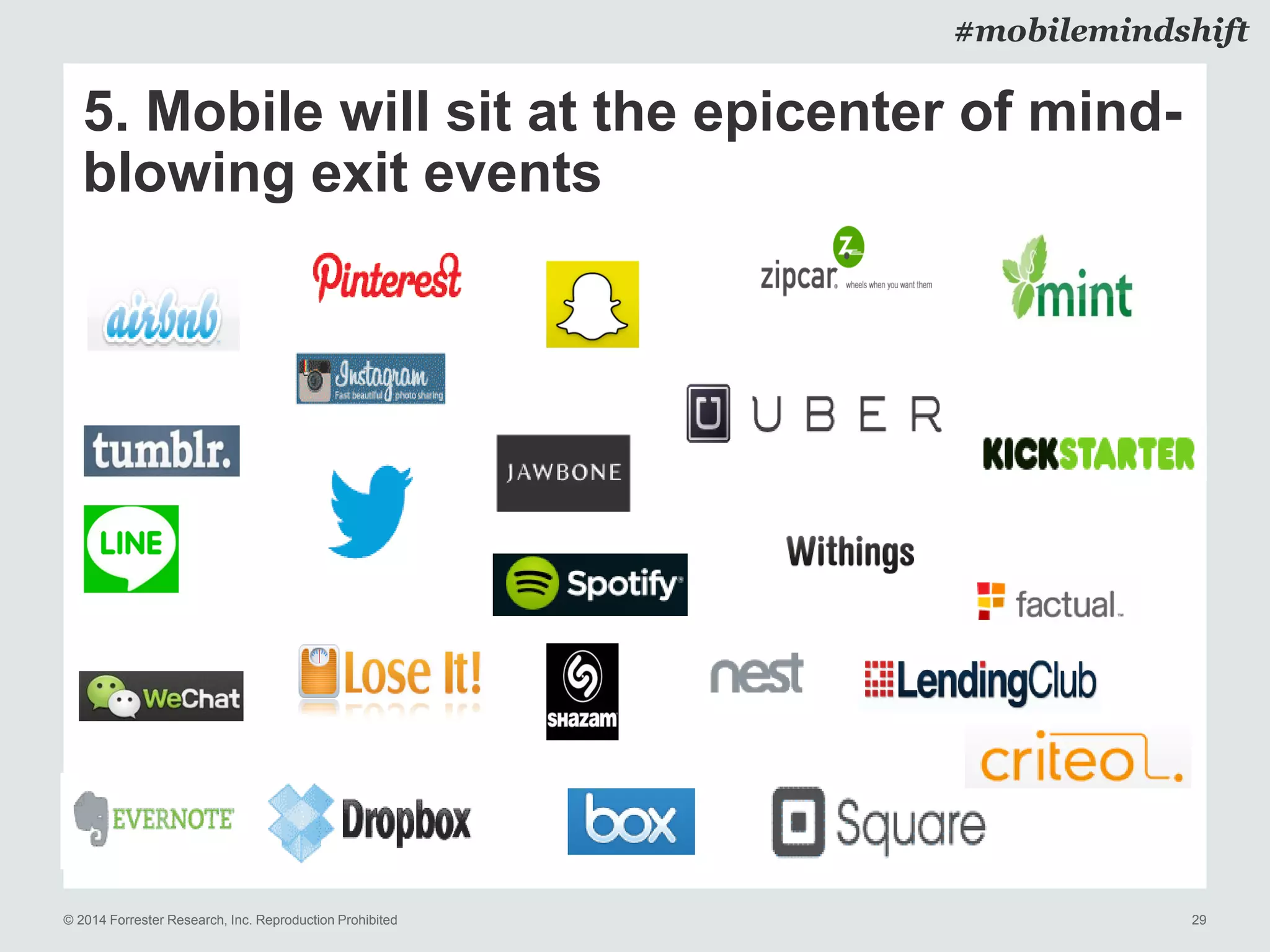 © 2014 Forrester Research, Inc. Reproduction Prohibited 29
#mobilemindshift
5. Mobile will sit at the epicenter of mind-
blowing exit events
 