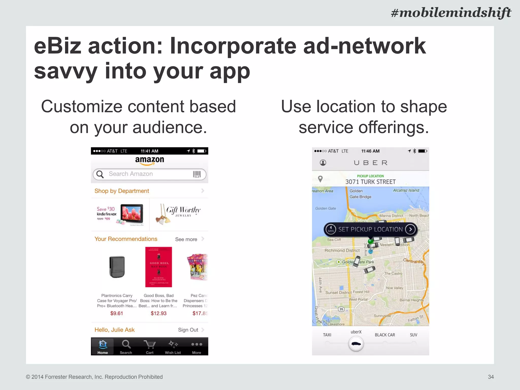 © 2014 Forrester Research, Inc. Reproduction Prohibited 34
#mobilemindshift
eBiz action: Incorporate ad-network
savvy into your app
Customize content based
on your audience.
Use location to shape
service offerings.
 