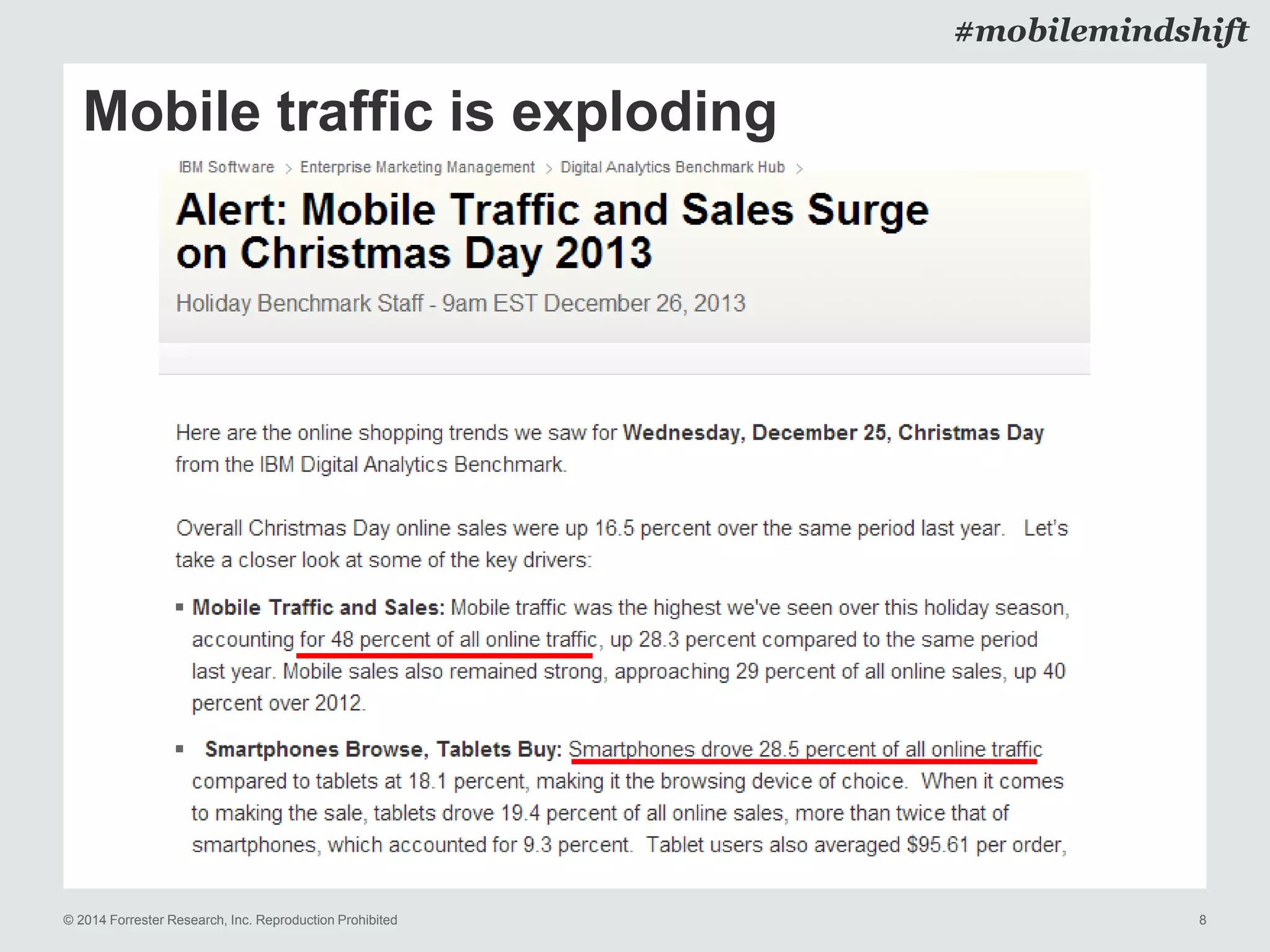 © 2014 Forrester Research, Inc. Reproduction Prohibited 8
#mobilemindshift
Mobile traffic is exploding
 