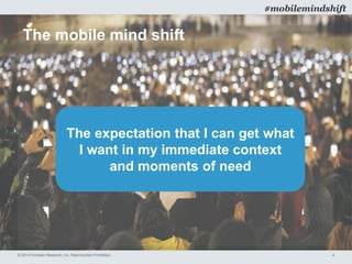 © 2014 Forrester Research, Inc. Reproduction Prohibited 4
#mobilemindshift
The mobile mind shift
The expectation that I can get what
I want in my immediate context
and moments of need
 
