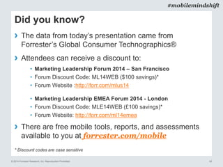 © 2014 Forrester Research, Inc. Reproduction Prohibited 42
#mobilemindshift
Did you know?
› The data from today’s presentation came from
Forrester’s Global Consumer Technographics®
› Attendees can receive a discount to:
• Marketing Leadership Forum 2014 – San Francisco
• Forum Discount Code: ML14WEB ($100 savings)*
• Forum Website :http://forr.com/mlus14
• Marketing Leadership EMEA Forum 2014 - London
• Forum Discount Code: MLE14WEB (£100 savings)*
• Forum Website: http://forr.com/ml14emea
› There are free mobile tools, reports, and assessments
available to you at forrester.com/mobile
* Discount codes are case sensitive
 