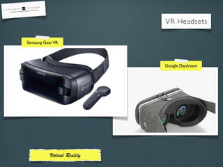 VR Headsets
Virtual Reality
Samsung GearVR
Google Daydream
 