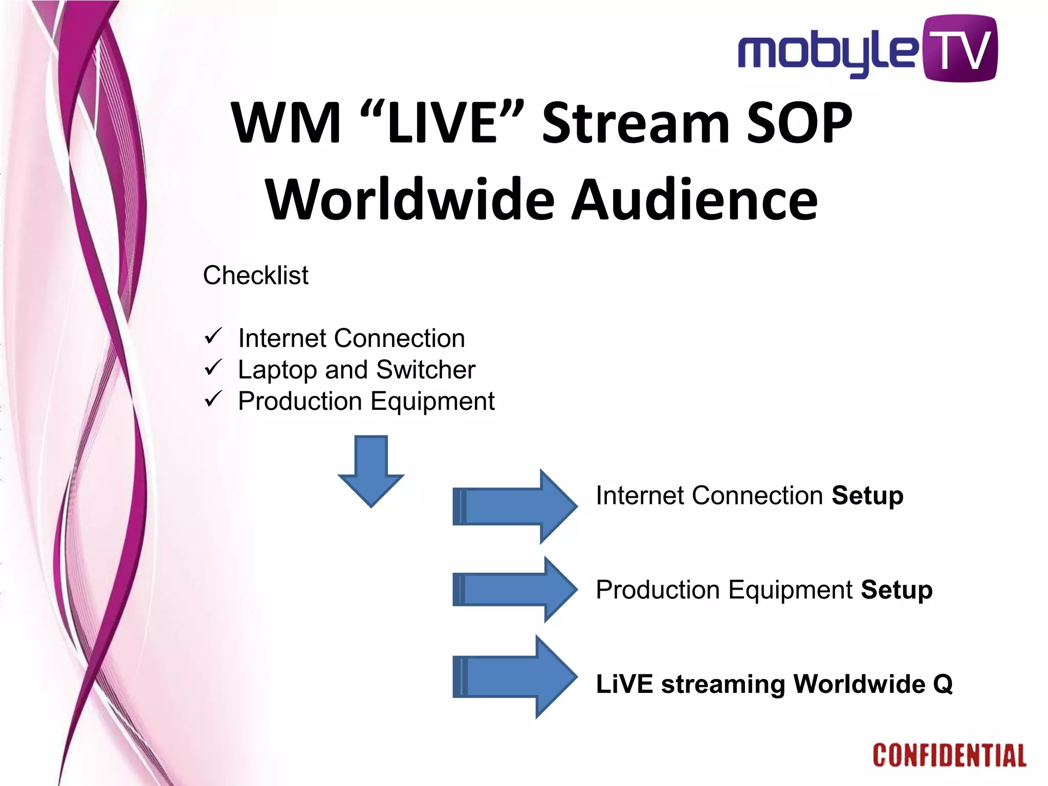 WM “LIVE” Stream SOP
   Worldwide Audience
Checklist

 Internet Connection
 Laptop and Switcher
 Production Equipment


                         Internet Connection Setup


                         Production Equipment Setup


                         LiVE streaming Worldwide Q
 