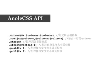 AnoleCSS API


.column(@x,@columns:@columns) //定义所占栅格数
.row(@x:@columns,@columns:@columns) //独占一行的column
.stretch //拉伸到父容器宽度
.offset(@offset:1) //相对自身宽度大小做位移
.push(@x:1) //相对栅格宽度大小做正位移
.pull(@x:1) //相对栅格宽度大小做负位移
 