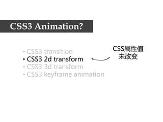 CSS3 Animation?

  • CSS3transition           CSS属性值
  • CSS32dtransform          未改变
  • CSS33dtransform
  • CSS3keyframe animation
 