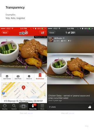 109
Transparency
Examples
Yelp, Rdio, Gogobot
Photo credit: yelp.com Photo credit: rdio.com
 