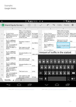 127
Examples
Google Sheets
Photo credit: https://docs.google.com/spreadsheets/u/0/ Photo credit: https://docs.google.com/spreadsheets/u/0/
 