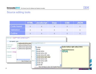 The Premier Event for Software and Systems Innovation



     Source editing tools


                                   HTML               JavaScript             Dojo   CSS   JSON
        Code Assist                     x                        x            x      x     x
        Validation                      x                        x            x      x     x
        Outline                         x                        x            x      x     x




27
                                                                                               © 2012 IBM Corporation
 