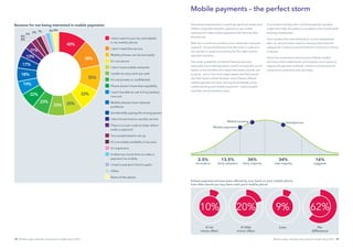 Mobile usage: attitudes and payments insight report 2013 1918 Mobile usage: attitudes and payments insight report 2013
Smartphone penetration is reaching significant levels and
millions of people have the capacity to use mobile
banking and make mobile payments with devices they
already own.
With this in mind and evidence from extensive consumer
research, VocaLink believes that the time is right and
the market is ready and waiting for the right mobile
payment solutions.
The wider availability of mobile financial services,
especially if provided by banks, would increase the use of
banks’ online facilities and reduce the banks overall cost
to serve - one in five of all respondents said they would
use their bank’s online facilities more if banks offered
mobile payment services: among those already using
mobile banking and mobile payments – nearly double
said they would use them more.
A successful introduction of mobile payment systems
might even help the banks to compete in the overall retail
banking marketplace.
Trust remains the main obstacle to a more widespread
take-up, and providers need to reassure they have the
safeguards in place to ensure that their customers’ money
is secure.
Once the convenience and security of these mobile
services is fully understood, and solutions are in place to
support all payment methods, mobile could become as
universal as cards and cash are today.
Reasons for not being interested in mobile payments
I don’t want to put my card details
in my mobile phone
I don’t need this service
Mobile phones can be lost easily
It’s not secure
I don’t trust mobile networks
I prefer to carry and use cash
It’s not private or conﬁdential
Phone doesn’t have that capability
I won’t be able to use it if my battery
runs out
Mobile phones have network
problems
Accidentally paying the wrong person
I don’t know how to use this service
There is no pin code to enter when I
make a payment
Too complicated to set up
It’s not widely available in my area
It’s expensive
It takes too much time to make a
payment via mobile
I tried it and don’t ﬁnd it useful
Other
None of the above
40%
32%
35%
38%
19%
22%
23%
23% 25%
13%
17%
18%
40%
11%
8%
8%
6%
6%
3%8%1%
Mobile payments – the perfect storm
2.5%
Innovators
13.5%
Early adopters
34%
Early majority
34%
Late majority
16%
Laggards
SmartphonesMobile banking
Mobile payments
10% 20% 62%
If these payment services were offered by your bank on your mobile phone
how often would you buy items with yourt mobile phone
9%
LessA lot
more often
A little
more often
No
difference
 