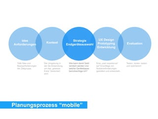 Wie kann damit Geld
verdient werden und
welche Geräteklasse
berücksichtige ich?
Die Umgebung in
der die Anwendung
um das „gewisse
Extra“ bereichert
wird.
Kontext
Idee
Anforderungen
Tolle Idee und
Basisanforderungen
der Zielgruppe.
Eine „user experience“
auf Grundlage von
Nutzeranforderungen
gestalten und entwickeln.
Testen, testen, testen
und optimieren!
UX Design
Prototyping
Entwicklung
Evaluation
Strategie
Endgeräteauswahl
Planungsprozess “mobile”
 