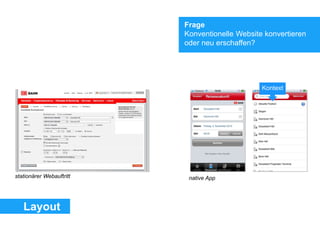 stationärer Webauftritt native App
Frage
Konventionelle Website konvertieren
oder neu erschaffen?
Layout
Kontext
 