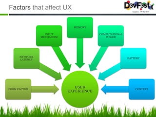 Factors that affect UX

                              MEMORY

                  INPUT                  COMPUTATIONAL
                MECHANISM                   POWER




      NETWORK
                                                         BATTERY
      LATENCY




FORM FACTOR
                               USER                          CONTEXT
                            EXPERIENCE
 