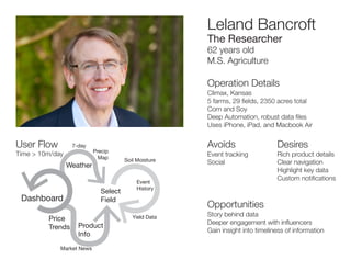Leland Bancroft
The Researcher
62 years old
M.S. Agriculture
User Flow
Time > 10m/day
Avoids
Event tracking
Social
Operati...