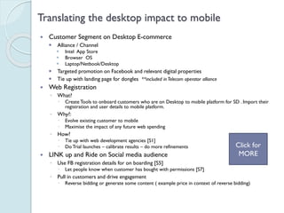 Translating the desktop impact to mobile
 Customer Segment on Desktop E-commerce
 Alliance / Channel
 Intel App Store
 Browser OS
 Laptop/Netbook/Desktop
 Targeted promotion on Facebook and relevant digital properties
 Tie up with landing page for dongles **included in Telecom operator alliance
 Web Registration
◦ What?
 Create Tools to onboard customers who are on Desktop to mobile platform for E-com.
Import their registration and user details to mobile platform.
◦ Why?:
 Evolve existing customer to mobile
 Maximise the impact of any future web spending
◦ How?
 Tie up with web development agencies [S1]
 Do Trial launches – calibrate results – do more refinements
 LINK up and Ride on Social media audience
◦ Use FB registration details for on boarding [S5]
 Let people know when customer has bought with permissions [S7]
◦ Pull in customers and drive engagement
 Reverse bidding or generate some content ( example price in context of reverse bidding)
Click for
MORE
 