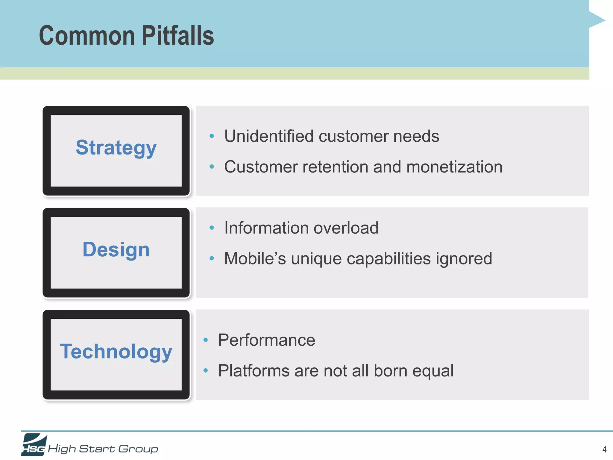 Common Pitfalls


              • Unidentified customer needs
   Strategy
              • Customer retention and monetization


              • Information overload
   Design     • Mobile’s unique capabilities ignored



              • Performance
 Technology
              • Platforms are not all born equal



                                                       4
 