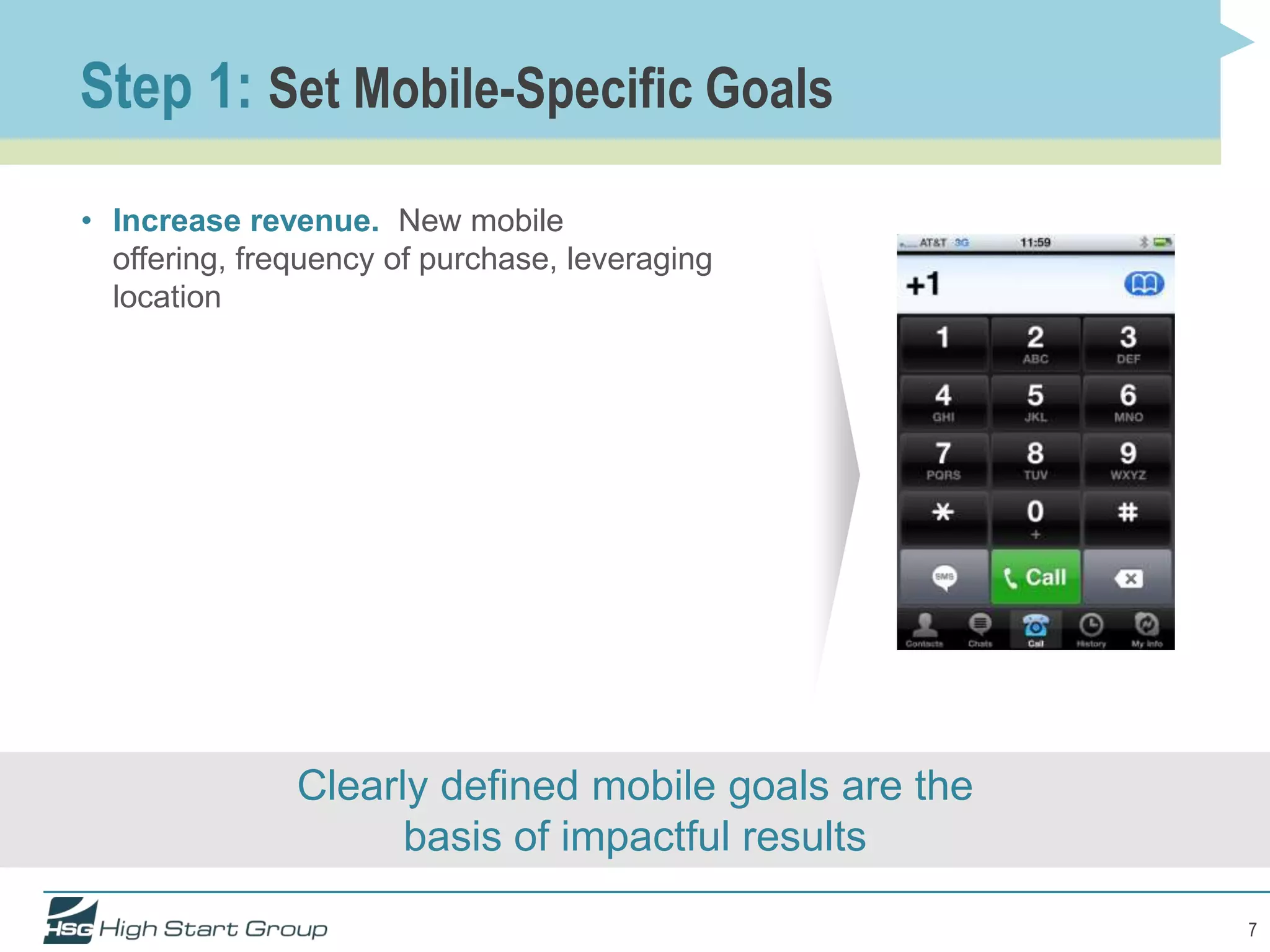 Step 1: Set Mobile-Specific Goals
• Increase revenue. New mobile
  offering, frequency of purchase, leveraging
  location




               Clearly defined mobile goals are the
                     basis of impactful results

                                                      7
 