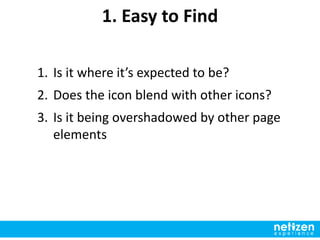 5 Key Elements to Test
1. Easy to Find
2. Identifiable
3. Easy to Comprehend
4. Necessary
5. Visually Appealing
 