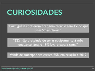 CURIOSIDADES
“Portugueses preferem ﬁcar sem carro e sem TV do que
sem Smartphone”
“62% não prescinde de ter o equipamento à mão
enquanto janta e 19% leva-o para a cama”
Venda de smartphones cresce 25% em relação a 2012

http://tek.sapo.pt  http://www.apdc.pt/

10

 