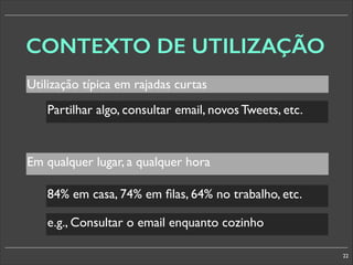 CONTEXTO DE UTILIZAÇÃO
Utilização típica em rajadas curtas
Partilhar algo, consultar email, novos Tweets, etc.

Em qualquer lugar, a qualquer hora
84% em casa, 74% em ﬁlas, 64% no trabalho, etc.
e.g., Consultar o email enquanto cozinho
22

 