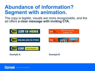 Abundance of information?
Segment with animation.
33
The copy is legible, visuals are more recognizable, and the
ad offers...