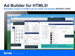 Ad Builder for HTML5!
42
Streamline creation of HTML5 ads for mobile and desktop WITHOUT CODE
 