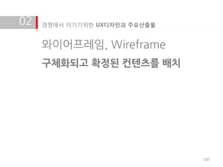 02   경쟁에서 이기기위한 UX디자인과 주요산출물


     와이어프레임, Wireframe
     구체화되고 확정된 컨텐츠를 배치




                               100
 