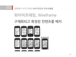 02   경쟁에서 이기기위한 UX디자인과 주요산출물


     와이어프레임, Wireframe
     구체화되고 확정된 컨텐츠를 배치




                               101
 