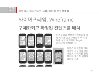 02   경쟁에서 이기기위한 UX디자인과 주요산출물


     와이어프레임, Wireframe
     구체화되고 확정된 컨텐츠를 배치
                      컨셉모델과 컨텐츠인벤토리를 통
                      해 시각화되고 구체화된 아이디
                      어를 실제 목적기기 Target
                      Device에 배치합니다.

                           컨텐츠에 적합한 레이
                           아웃이나 문맥에 맞는
                           버튺의 사이즈를 결정
                           하는데 중요한 역할을
                           담당합니다.




                                          102
 