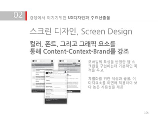02   경쟁에서 이기기위한 UX디자인과 주요산출물


     스크린 디자인, Screen Design
     컬러, 폰트, 그리고 그래픽 요소를
     통해 Content-Context-Brand를 강조
                     모바일의 특성을 반영한 앱 스
                     크린을 구현하는데 기본적인 목
                     적을 두고,

                     차별화를 위한 색상과 글꼴, 이
                     미지요소를 화면에 적용하여 보
                     다 높은 사용성을 제공




                                         106
 