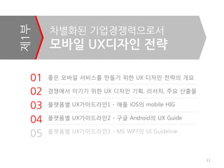 제1부    차별화된 기업경쟁력으로서
       모바일 UX디자인 젂략

  01   좋은 모바일 서비스를 만들기 위한 UX 디자인 전략의 개요

  02   경쟁에서 이기기 위한 UX 디자인 기획, 리서치, 주요 산출물

  03   플랫폼별 UX가이드라인1 - 애플 iOS의 mobile HIG

  04   플랫폼별 UX가이드라인2 - 구글 Android의 UX Guide

       플랫폼별 UX가이드라인3 - MS WP7의 UI Guideline
  05

                                              11
 