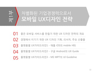제1부    차별화된 기업경쟁력으로서
       모바일 UX디자인 젂략

  01   좋은 모바일 서비스를 만들기 위한 UX 디자인 전략의 개요

  02   경쟁에서 이기기 위한 UX 디자인 기획, 리서치, 주요 산출물

  03   플랫폼별 UX가이드라인1 - 애플 iOS의 mobile HIG

  04   플랫폼별 UX가이드라인2 - 구글 Android의 UX Guide

       플랫폼별 UX가이드라인3 - MS WP7의 UI Guideline
  05

                                              12
 