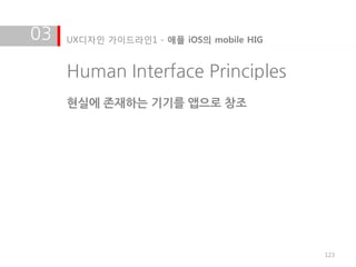 03   UX디자인 가이드라인1 - 애플 iOS의 mobile HIG


     Human Interface Principles
     현실에 존재하는 기기를 앱으로 창조




                                         123
 