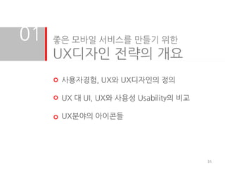 01   좋은 모바일 서비스를 만들기 위한
     UX디자인 전략의 개요
      사용자경험, UX와 UX디자인의 정의

      UX 대 UI, UX와 사용성 Usability의 비교

      UX분야의 아이콘들




                                       16
 