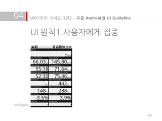 04          UX디자인 가이드라인2 - 구글 Android의 UI Guideline


            UI 원칙1.사용자에게 집중




My Tracks


                                                      185
 