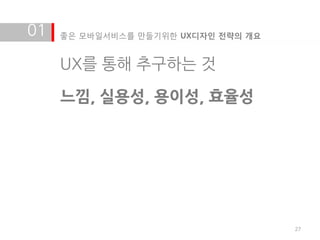 01   좋은 모바일서비스를 만들기위한 UX디자인 전략의 개요


     UX를 통해 추구하는 것

     느낌, 실용성, 용이성, 효율성




                                     27
 