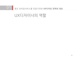 01   좋은 모바일서비스를 만들기위한 UX디자인 전략의 개요


     UX디자이너의 역할




                                     30
 