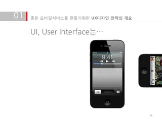 01   좋은 모바일서비스를 만들기위한 UX디자인 전략의 개요


     UI, User Interface는…




                                     34
 