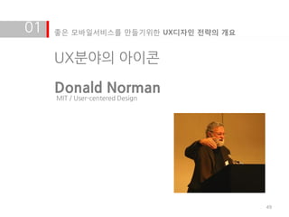 01   좋은 모바일서비스를 만들기위한 UX디자인 전략의 개요


     UX분야의 아이콘

     Donald Norman
     MIT / User-centered Design




                                     49
 