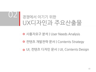 02   경쟁에서 이기기 위한
     UX디자인과 주요산출물
      사용자요구 분석 | User Needs Analysis

      컨텐츠 개발전략 문서 | Contents Strategy

      UI, 컨텐츠 디자인 문서 | UI, Contents Design




                                         60
 