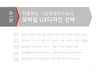 제1부    차별화된 기업경쟁력으로서
       모바일 UX디자인 젂략

  01   좋은 모바일 서비스를 만들기 위한 UX 디자인 전략의 개요

  02   경쟁에서 이기기 위한 UX 디자인 기획, 리서치, 주요 산출물

  03   플랫폼별 UX가이드라인1 - 애플 iOS의 mobile HIG

  04   플랫폼별 UX가이드라인2 - 구글 Android의 UX Guide

       플랫폼별 UX가이드라인3 - MS WP7의 UI Guideline
  05

                                              7
 