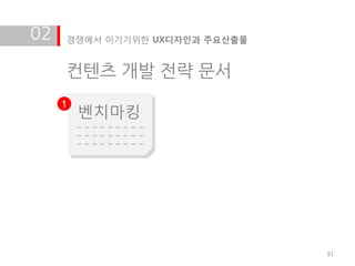 02   경쟁에서 이기기위한 UX디자인과 주요산출물


     컨텐츠 개발 전략 문서
     1
         벤치마킹




                               81
 