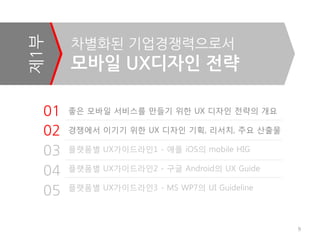 제1부    차별화된 기업경쟁력으로서
       모바일 UX디자인 젂략

  01   좋은 모바일 서비스를 만들기 위한 UX 디자인 전략의 개요

  02   경쟁에서 이기기 위한 UX 디자인 기획, 리서치, 주요 산출물

  03   플랫폼별 UX가이드라인1 - 애플 iOS의 mobile HIG

  04   플랫폼별 UX가이드라인2 - 구글 Android의 UX Guide

       플랫폼별 UX가이드라인3 - MS WP7의 UI Guideline
  05

                                              9
 
