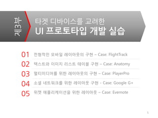 제3부    타겟 디바이스를 교려한
       UI 프로토타입 개발 실습

  01   전형적인 모바일 레이아웃의 구현 – Case: FlightTrack

  02   텍스트와 이미지 리스트 테이블 구현 – Case: Anatomy

  03   멀티미디어를 위한 레이아웃의 구현 – Case: PlayerPro

  04   소셜 네트워크를 위한 레이아웃 구현 - Case: Google G+

       위젯 애플리케이션을 위한 레이아웃 – Case: Evernote
  05

                                               5
 
