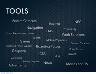 TOOLS
Pocket Cameras

Internet

Navigation

Health and Fitness Support

Coupons

Search

Boarding Passes
CSS

Loyalty Programs

Tuesday, October 15, 13

Work Solutions

Mobile Payments

Commerce

Advertising

Productivity

SMS

Local Recommendations

Games

NFC

News

Music

Content Curation
Movie Tickets

Travel
Movies and TV

 