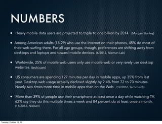 NUMBERS
•

Heavy mobile data users are projected to triple to one billion by 2014. (Morgan Stanley)

•

Among American adults (18-29) who use the Internet on their phones, 45% do most of
their web surfing there. For all age groups, though, preferences are shifting away from
desktops and laptops and toward mobile devices. (6/2012, Nieman Lab)

•

Worldwide, 25% of mobile web users only use mobile web or very rarely use desktop
websites. (techi.com)

•

US consumers are spending 127 minutes per day in mobile apps, up 35% from last
year. Desktop web usage actually declined slightly by 2.4% from 72 to 70 minutes.
Nearly two times more time in mobile apps than on the Web. (12/2012, Techcrunch)

•

More than 39% of people use their smartphone at least once a day while watching TV,
62% say they do this multiple times a week and 84 percent do at least once a month.

(11/2012, Nielsen)

Tuesday, October 15, 13

 