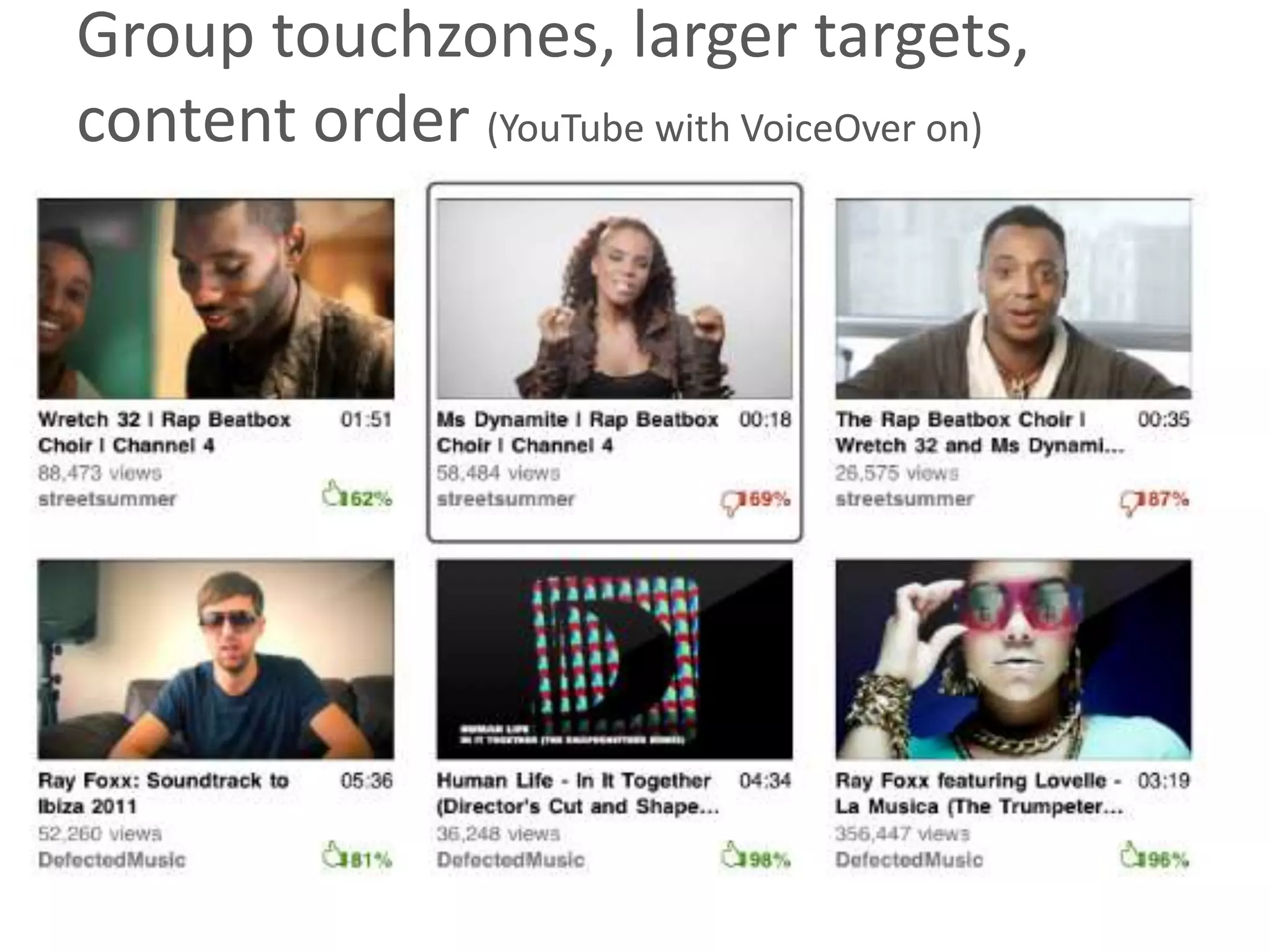 Group touchzones, larger targets,
content order (YouTube with VoiceOver on)
 
