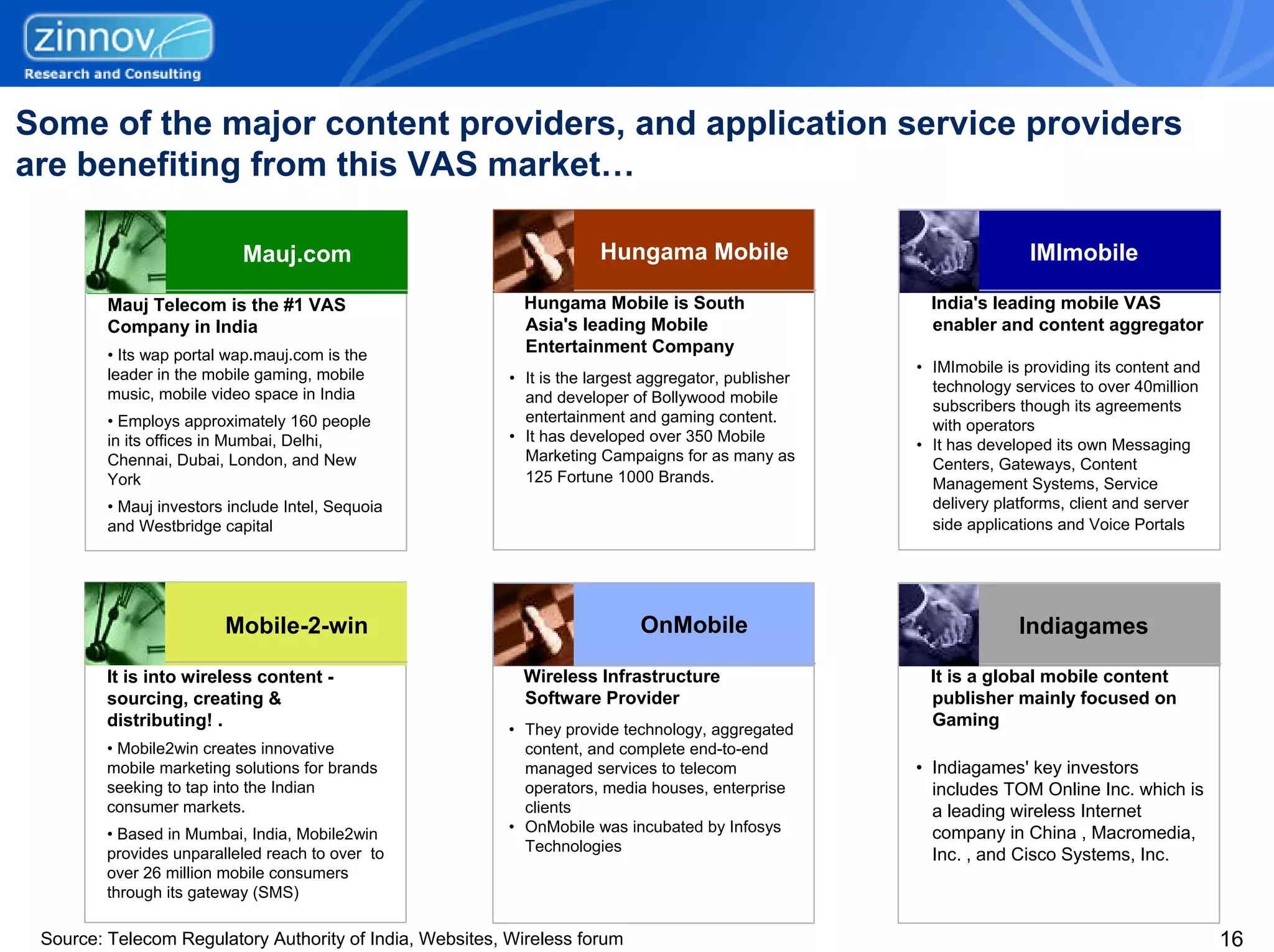 Some of the major content providers, and application service providers
are benefiting from this VAS market…

                            Mauj.com                                   Hungama Mobile                                IMImobile

         Mauj Telecom is the #1 VAS                         Hungama Mobile is South                     India's leading mobile VAS
         Company in India                                   Asia's leading Mobile                       enabler and content aggregator
         • Its wap portal wap.mauj.com is the               Entertainment Company
         leader in the mobile gaming, mobile                                                          • IMImobile is providing its content and
                                                          • It is the largest aggregator, publisher
         music, mobile video space in India                                                             technology services to over 40million
                                                            and developer of Bollywood mobile
                                                                                                        subscribers though its agreements
         • Employs approximately 160 people                 entertainment and gaming content.
                                                                                                        with operators
         in its offices in Mumbai, Delhi,                 • It has developed over 350 Mobile
                                                                                                      • It has developed its own Messaging
         Chennai, Dubai, London, and New                    Marketing Campaigns for as many as
                                                                                                        Centers, Gateways, Content
         York                                               125 Fortune 1000 Brands.                    Management Systems, Service
         • Mauj investors include Intel, Sequoia                                                        delivery platforms, client and server
         and Westbridge capital                                                                         side applications and Voice Portals




                         Mobile-2-win                                       OnMobile                                Indiagames

         It is into wireless content -                      Wireless Infrastructure                     It is a global mobile content
         sourcing, creating &                               Software Provider                           publisher mainly focused on
         distributing! .                                                                                Gaming
                                                          • They provide technology, aggregated
         • Mobile2win creates innovative                    content, and complete end-to-end
         mobile marketing solutions for brands              managed services to telecom               • Indiagames' key investors
         seeking to tap into the Indian                     operators, media houses, enterprise         includes TOM Online Inc. which is
         consumer markets.                                  clients                                     a leading wireless Internet
         • Based in Mumbai, India, Mobile2win             • OnMobile was incubated by Infosys           company in China , Macromedia,
         provides unparalleled reach to over to             Technologies
                                                                                                        Inc. , and Cisco Systems, Inc.
         over 26 million mobile consumers
         through its gateway (SMS)

 Source: Telecom Regulatory Authority of India, Websites, Wireless forum                                                                         16
 