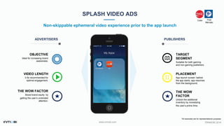 ©INMOBI 2016www.inmobi.com
TARGET
SEGMENT
Suitable for both gaming
and non-gaming publishers.
PLACEMENT
App launch screen: before
the app starts, app resumes
from the background.
SPLASH VIDEO ADS
Non-skippable ephemeral video experience prior to the app launch
ADVERTISERS PUBLISHERS
OBJECTIVE
Ideal for increasing brand
awareness.
VIDEO LENGTH
3-5s recommended for
optimal engagement.
THE WOW FACTOR
Boost brand equity by
getting the user’s undivided
attention.
THE WOW
FACTOR
Unlock the additional
inventory by monetizing
the user’s prime time.
*All examples are for representational purposes
Coke Foot
Mercato
 