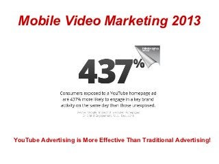 Mobile Video Marketing 2013




YouTube Advertising is More Effective Than Traditional Advertising!
 